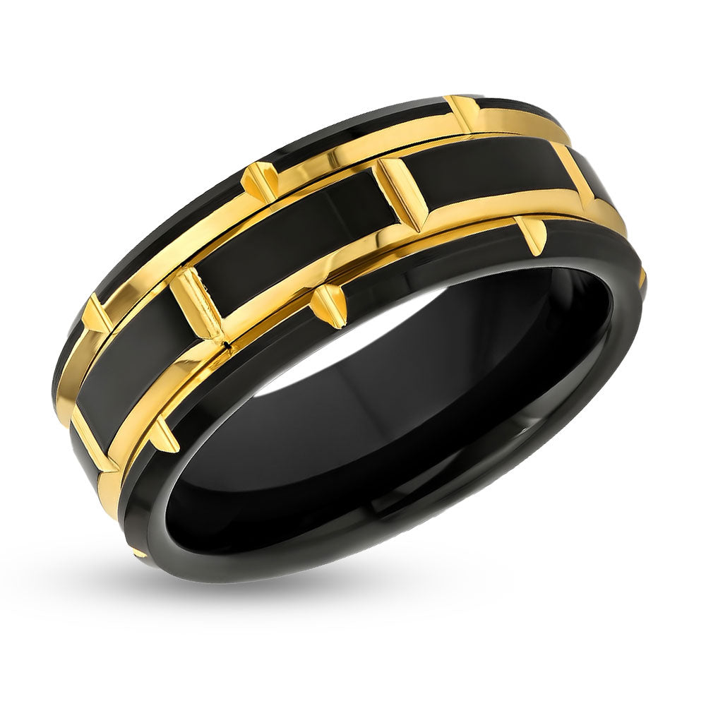 Yellow Gold Wedding Ring - Men's Black Wedding Band - 8mm - Tungsten Carbide Ring