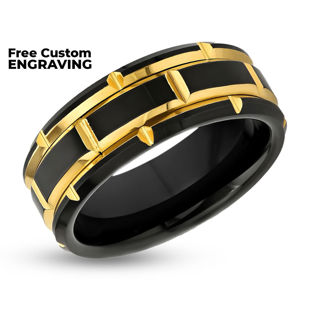 Yellow Gold Wedding Ring - Men's Black Wedding Band - 8mm - Tungsten Carbide Ring