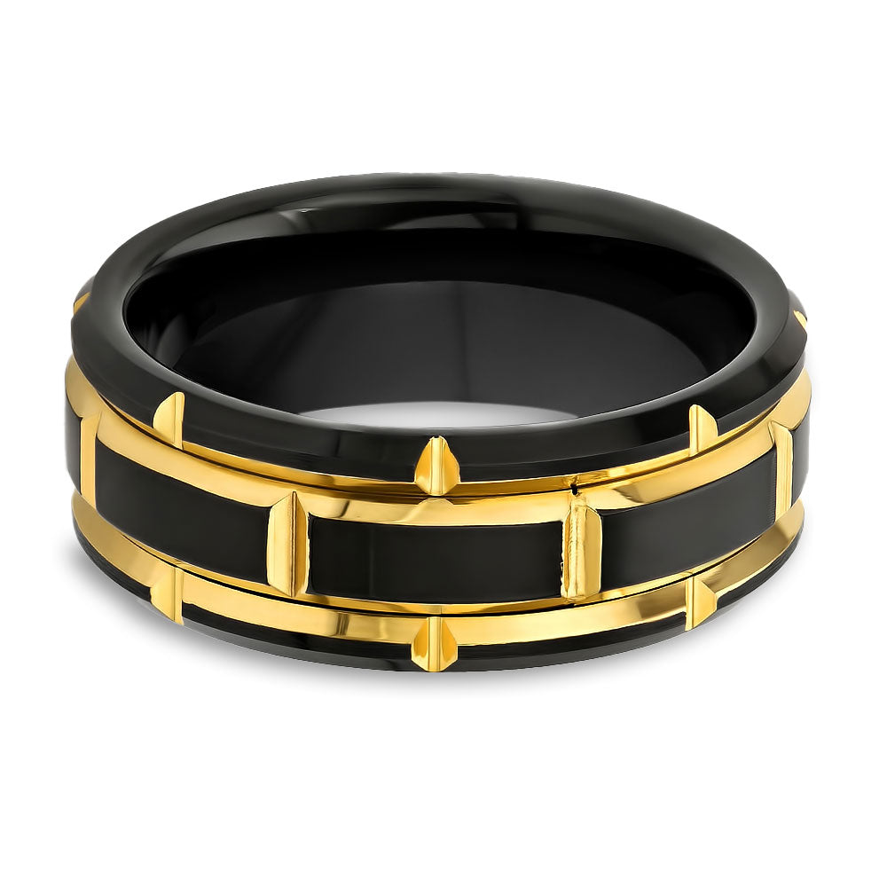 Yellow Gold Wedding Ring - Men's Black Wedding Band - 8mm - Tungsten Carbide Ring