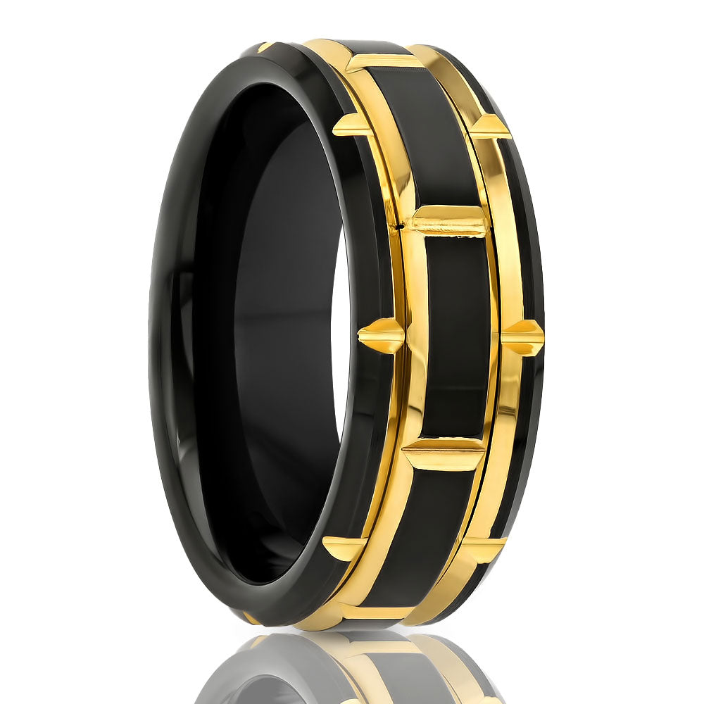 Yellow Gold Wedding Ring - Men's Black Wedding Band - 8mm - Tungsten Carbide Ring