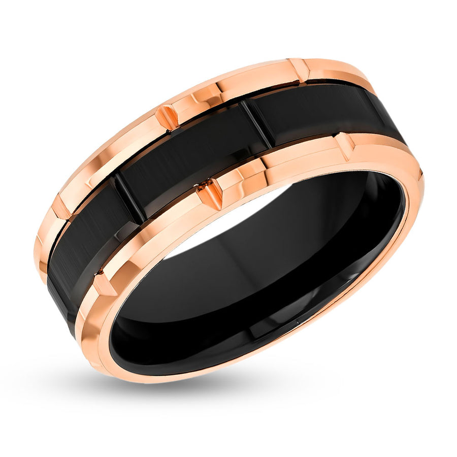 Rose Gold Wedding Ring - Men's Black Wedding Band - 8mm - Tungsten Carbide Ring