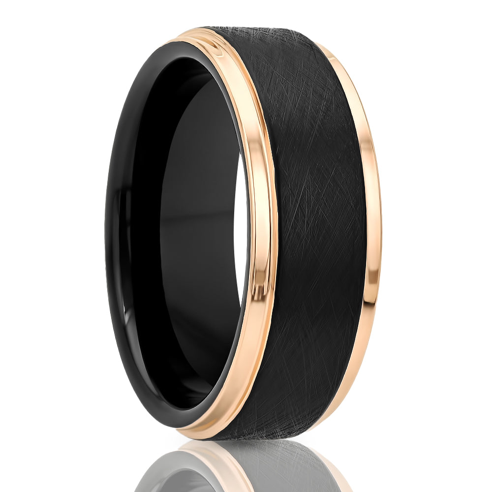 Men's Wedding Band - Black Tungsten Ring - Tungsten Carbide - Rose Gold Edges - 8mm