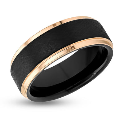 Men's Wedding Band - Black Tungsten Ring - Tungsten Carbide - Rose Gold Edges - 8mm