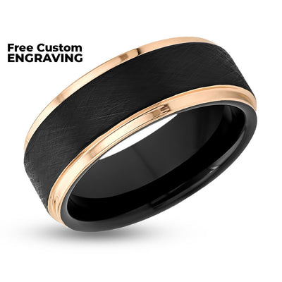 Men's Wedding Band - Black Tungsten Ring - Tungsten Carbide - Rose Gold Edges - 8mm
