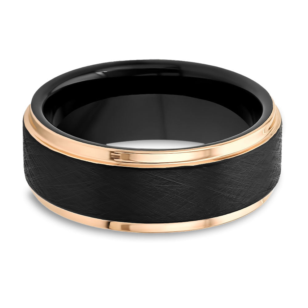Men's Wedding Band - Black Tungsten Ring - Tungsten Carbide - Rose Gold Edges - 8mm