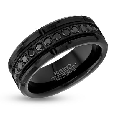 Black Men's Wedding Ring - Black Tungsten Ring - 8mm Wedding Ring - CZ Diamond Ring