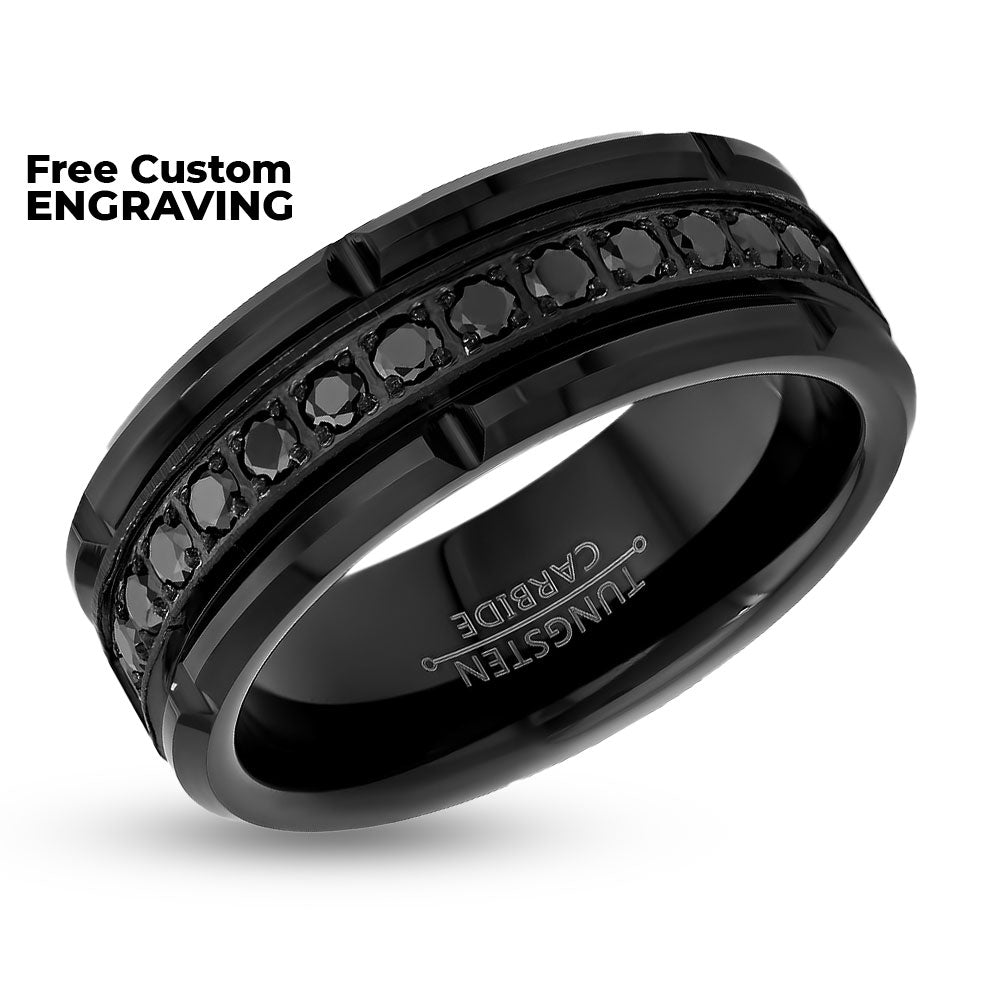 Black Men's Wedding Ring - Black Tungsten Ring - 8mm Wedding Ring - CZ Diamond Ring