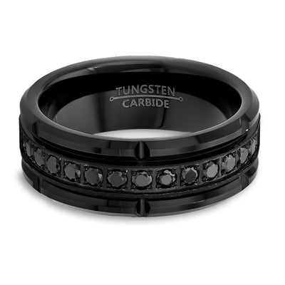 Black Men's Wedding Ring - Black Tungsten Ring - 8mm Wedding Ring - CZ Diamond Ring
