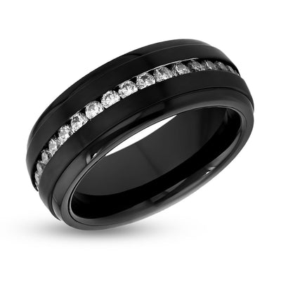 Black Wedding Band - Men's Black Wedding Ring - Tungsten Carbide Ring - Engagement Ring - CZ Dimaond Ring