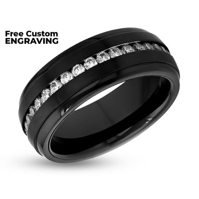 Black Wedding Band - Men's Black Wedding Ring - Tungsten Carbide Ring - Engagement Ring - CZ Dimaond Ring