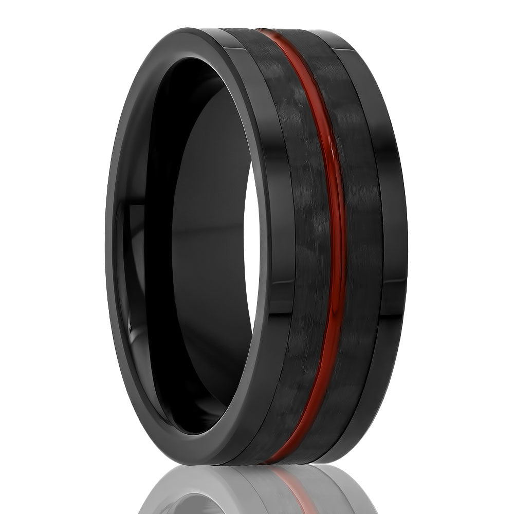 Men's Black Wedding Ring - Carbon Fiber Ring - Red Wedding Band - 8mm Tungsten Ring