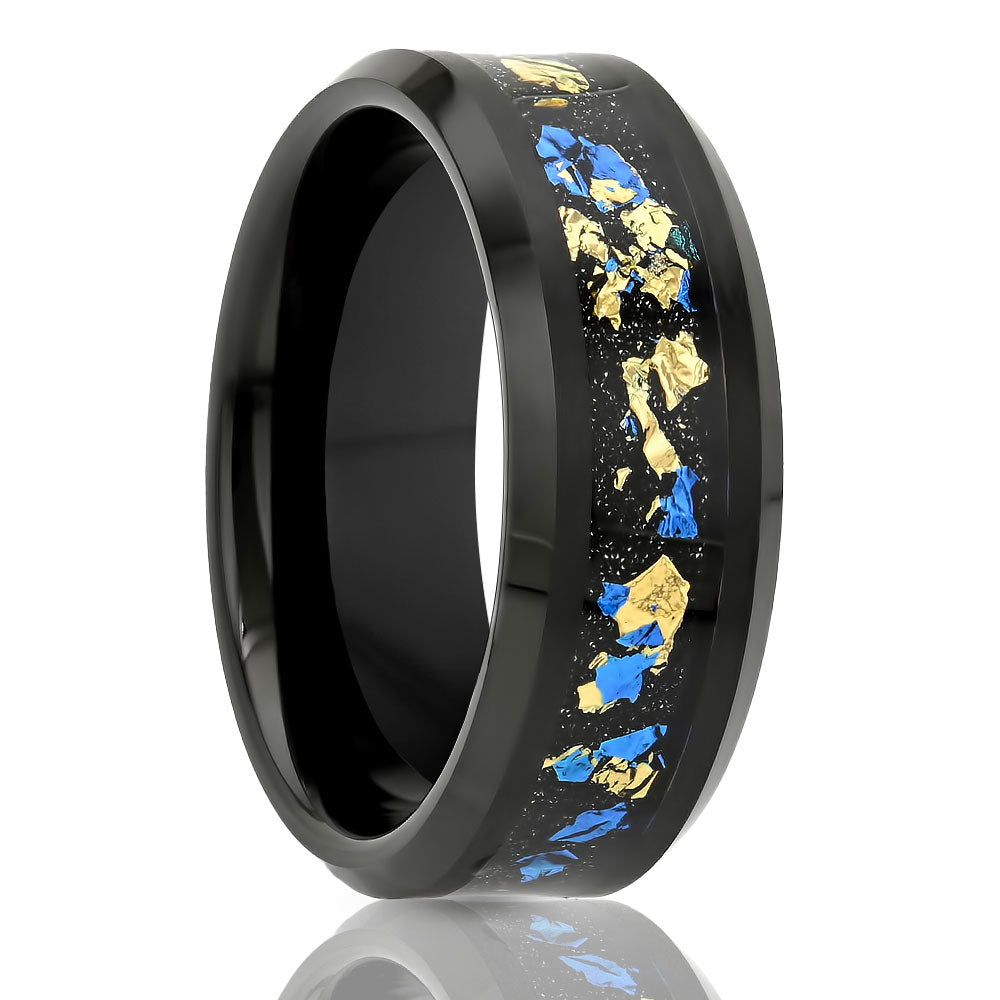 Gold Foil Wedding Ring - Black Wedding Ring - Tungsten Carbide - 8mm Wedding Ring - Comfort Fit