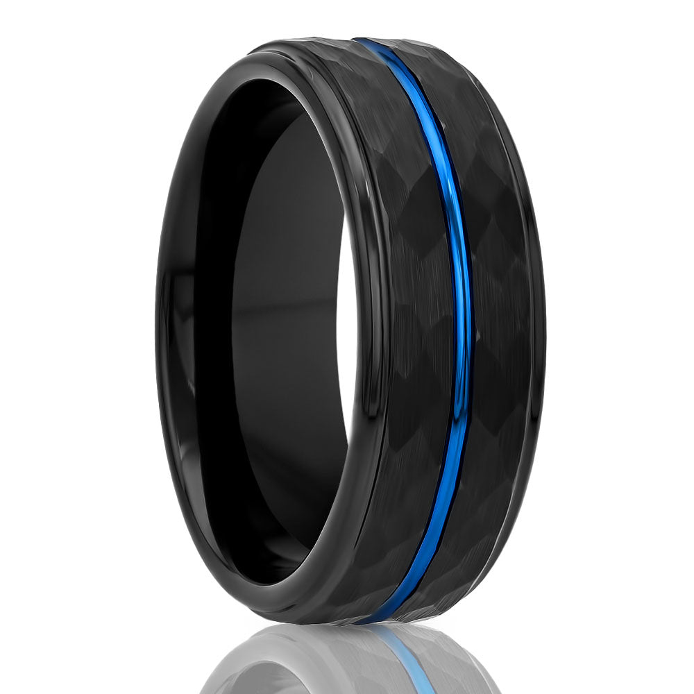 Men's Wedding Ring - Black Tungsten Ring - Hammered Design Ring - 8mm Wedding Band