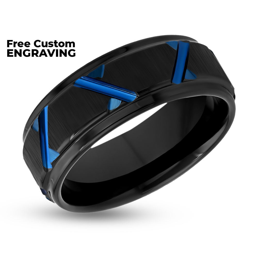 Blue wedding Ring - Black Wedding Band - Tungsten Carbide Ring - Men's Wedding Band