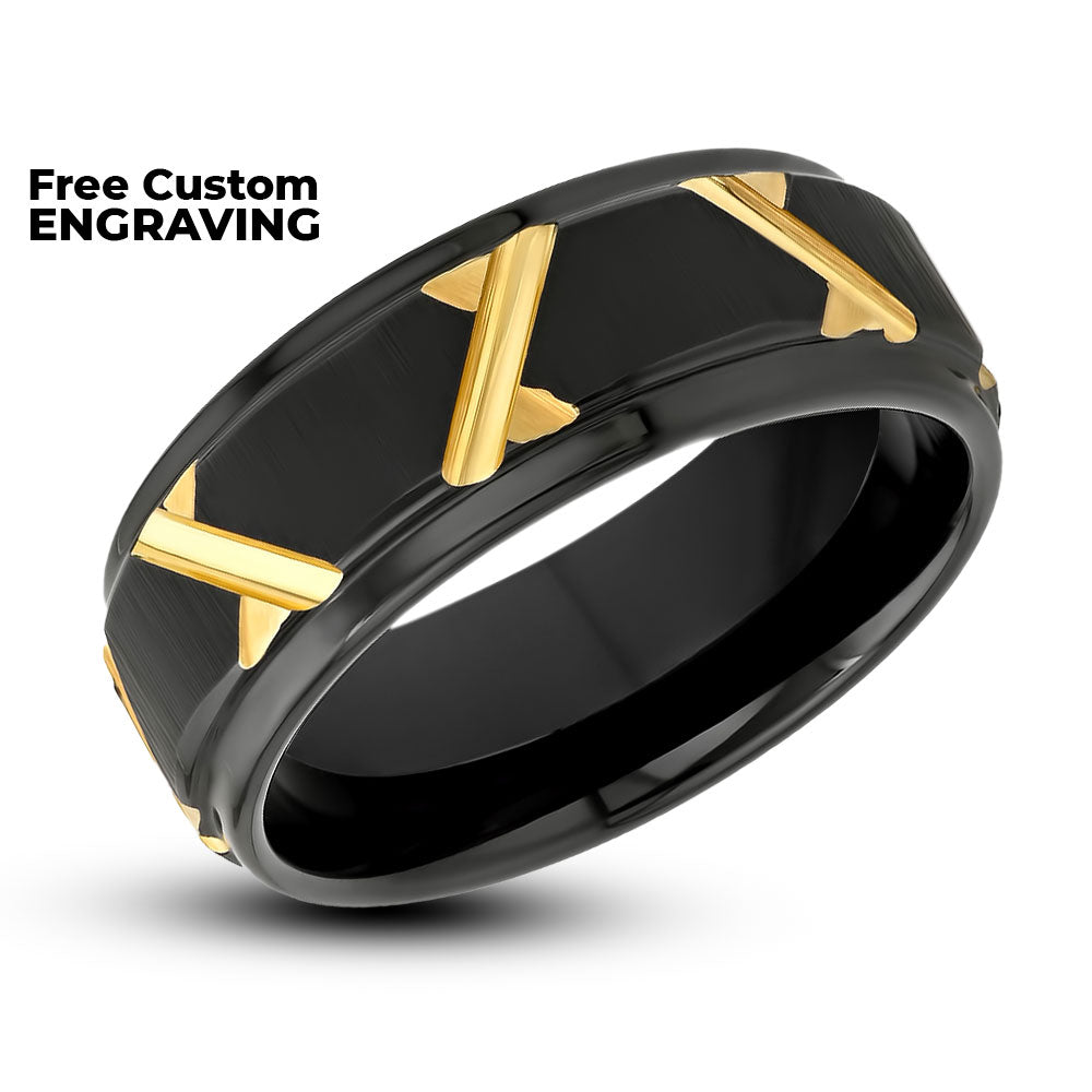 Black Wedding Band - Yellow Gold Ring - 8mm Tungsten Ring - Men's Wedding Band - Tungsten Carbide