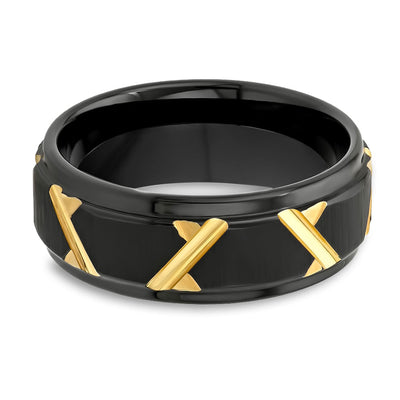 Black Wedding Band - Yellow Gold Ring - 8mm Tungsten Ring - Men's Wedding Band - Tungsten Carbide