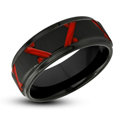 Black Wedding Band - Red Wedding Ring - 8mm Tungsten Ring - Men's Wedding Band - Tungsten Carbide