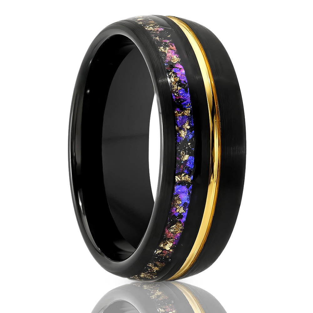 Black Tungsten Wedding Ring - 8mm - Amethyst Gem Inlay - Gold Foil Design - 8mm Black Wedding Band
