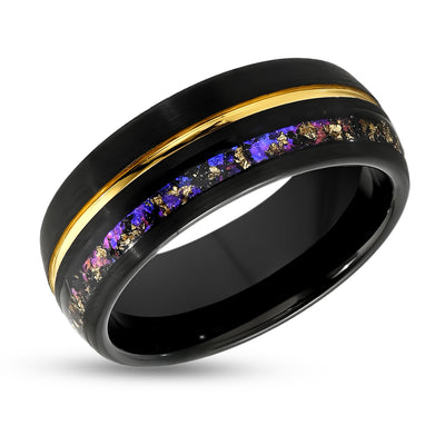 Black Tungsten Wedding Ring - 8mm - Amethyst Gem Inlay - Gold Foil Design - 8mm Black Wedding Band