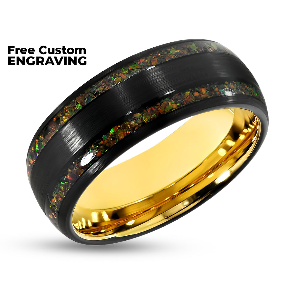 Black Tungsten Wedding Ring - Opal Wedding Band - Men's Wedding Ring - Women's Ring - Yellow Tungsten Ring