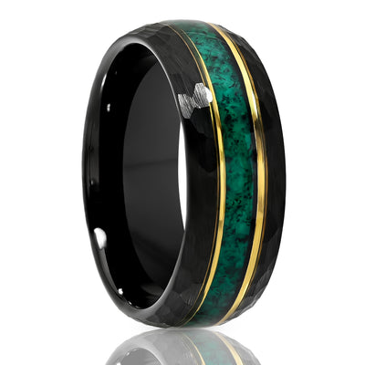 Black Tungsten Wedding Ring - Emerald Wedding band - Men's Wedding Ring - Women's Ring -Hammered Design