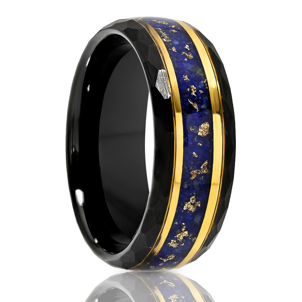 Blue Sapphire Ring - Black Tungsten Ring - Hammered Edges - Yellow Gold Ring - 8mm