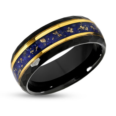 Blue Sapphire Ring - Black Tungsten Ring - Hammered Edges - Yellow Gold Ring - 8mm