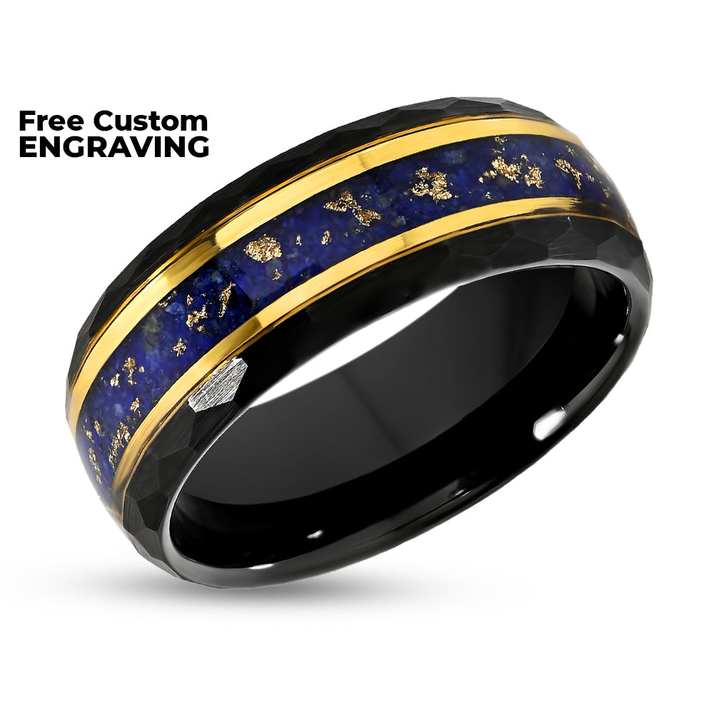 Blue Sapphire Ring - Black Tungsten Ring - Hammered Edges - Yellow Gold Ring - 8mm