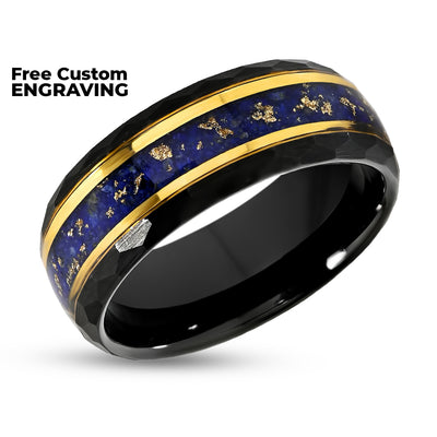 Blue Sapphire Ring - Black Tungsten Ring - Hammered Edges - Yellow Gold Ring - 8mm