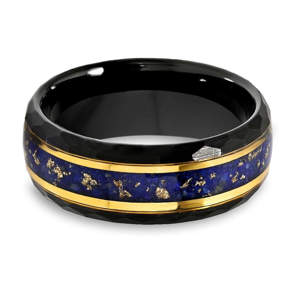 Blue Sapphire Ring - Black Tungsten Ring - Hammered Edges - Yellow Gold Ring - 8mm