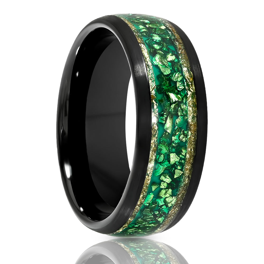 Black Tungsten Ring - Dome - Crushed Emerald Ring - Men's Wedding Band - Women's Wedding Ring - Gold Foil Edges