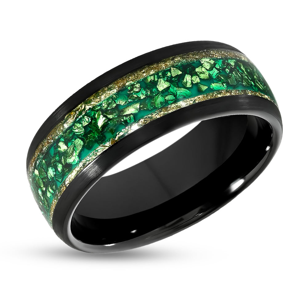 Black Tungsten Ring - Dome - Crushed Emerald Ring - Men's Wedding Band - Women's Wedding Ring - Gold Foil Edges
