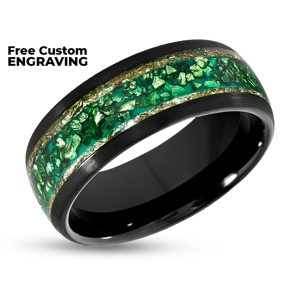 Black Tungsten Ring - Dome - Crushed Emerald Ring - Men's Wedding Band - Women's Wedding Ring - Gold Foil Edges