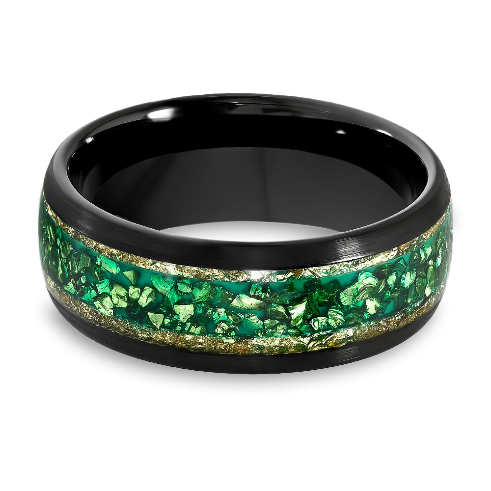 Black Tungsten Ring - Dome - Crushed Emerald Ring - Men's Wedding Band - Women's Wedding Ring - Gold Foil Edges
