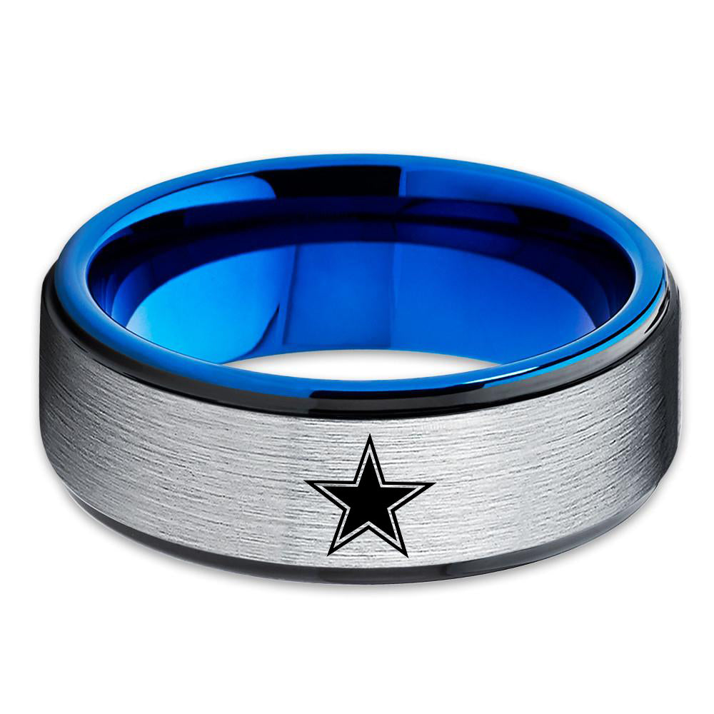 Blue Tungsten Wedding Ring - Dallas Cowboys Ring - Engagement Ring - Black Tungsten Ring