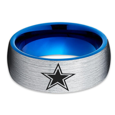 Blue Tungsten Wedding Band - Football Ring - Dallas Star Ring - Blue Tungsten Ring