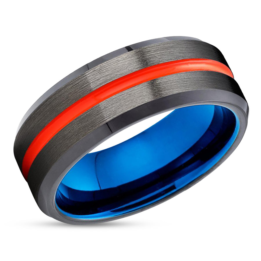 Orange Tungsten Ring - Gunmetal -  Blue Tungsten Wedding Band  - Orange Ring