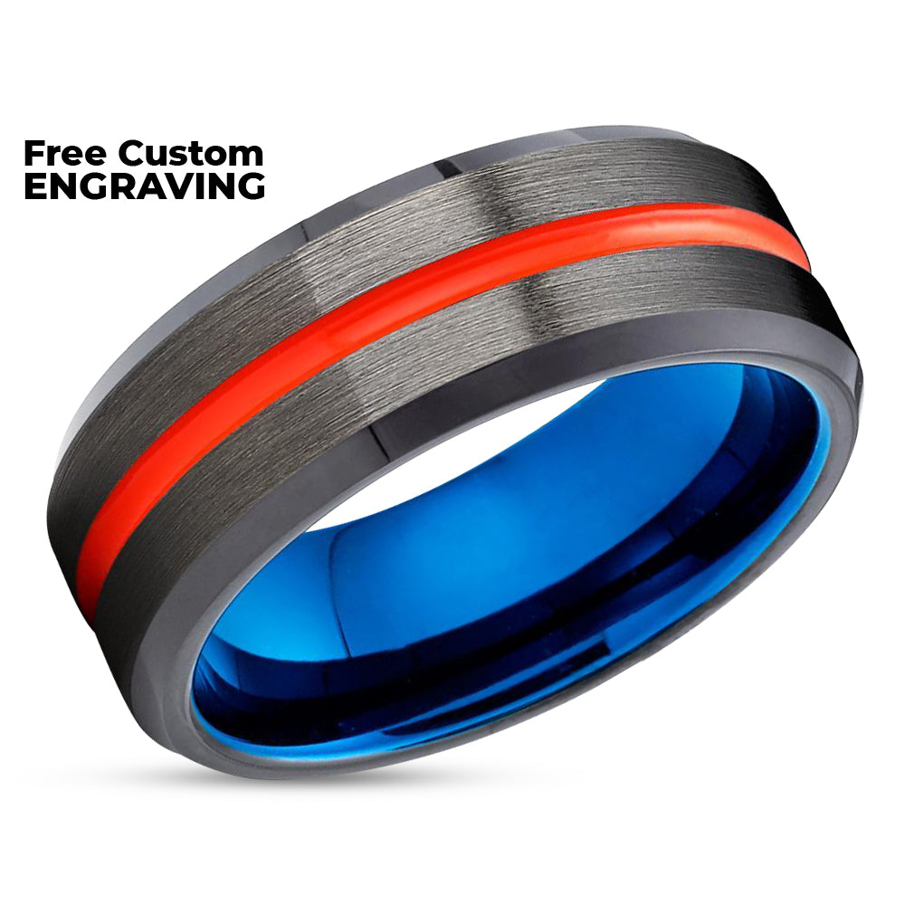 Orange Tungsten Ring - Gunmetal - Blue Tungsten Wedding Band - Orange Ring