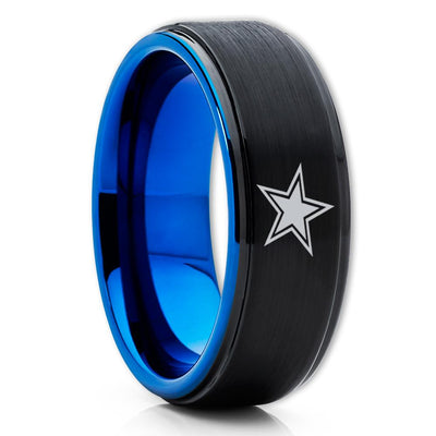 Football Wedding Band - Football Inspired Ring - Dallas Texas Ring - Blue Tungsten