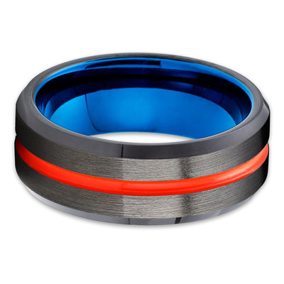 Orange Tungsten Ring - Gunmetal - Blue Tungsten Wedding Band - Brush - Clean Casting Jewelry