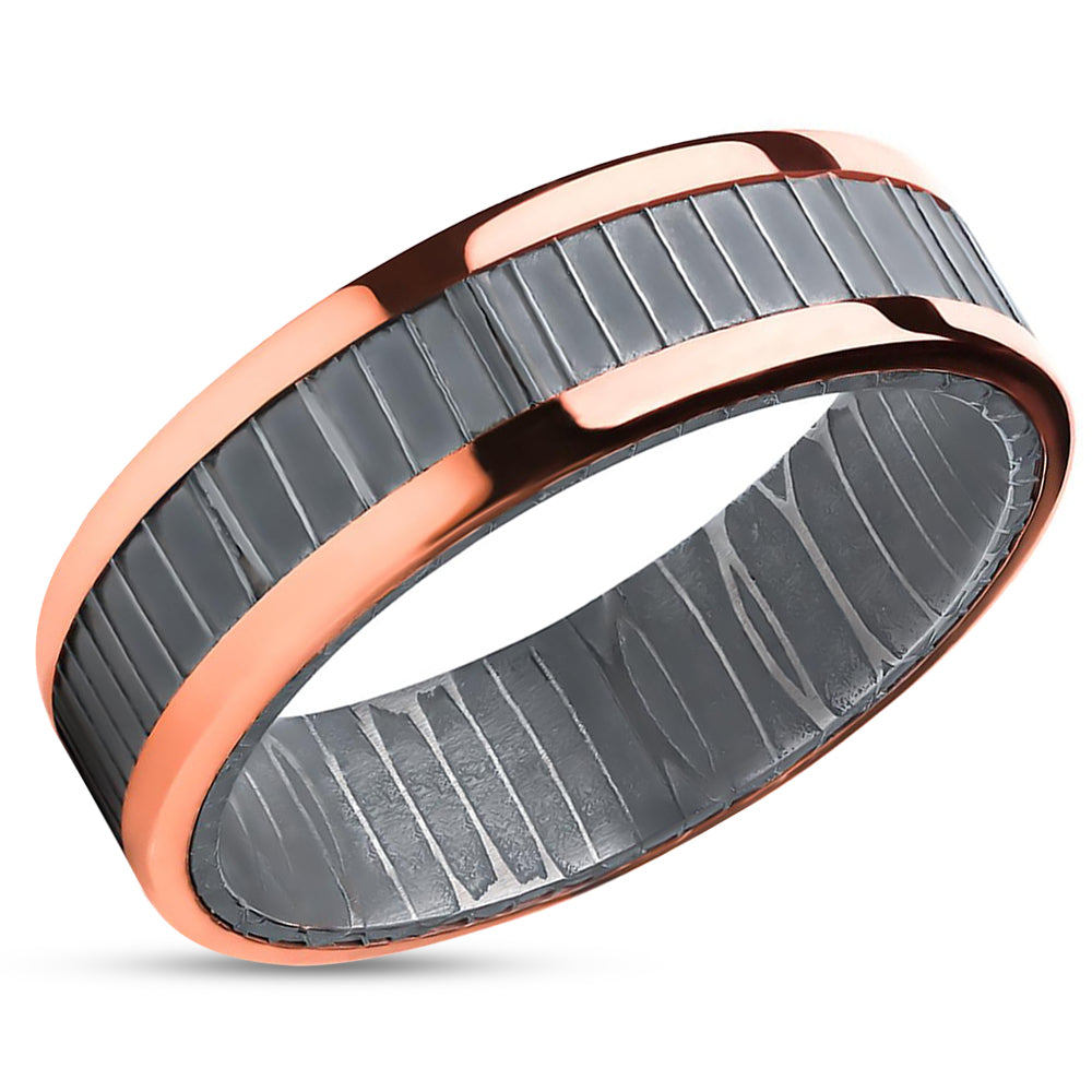 Damascus Wedding Ring - Rose Gold Wedding Ring - Damascus Steel Ring - Band