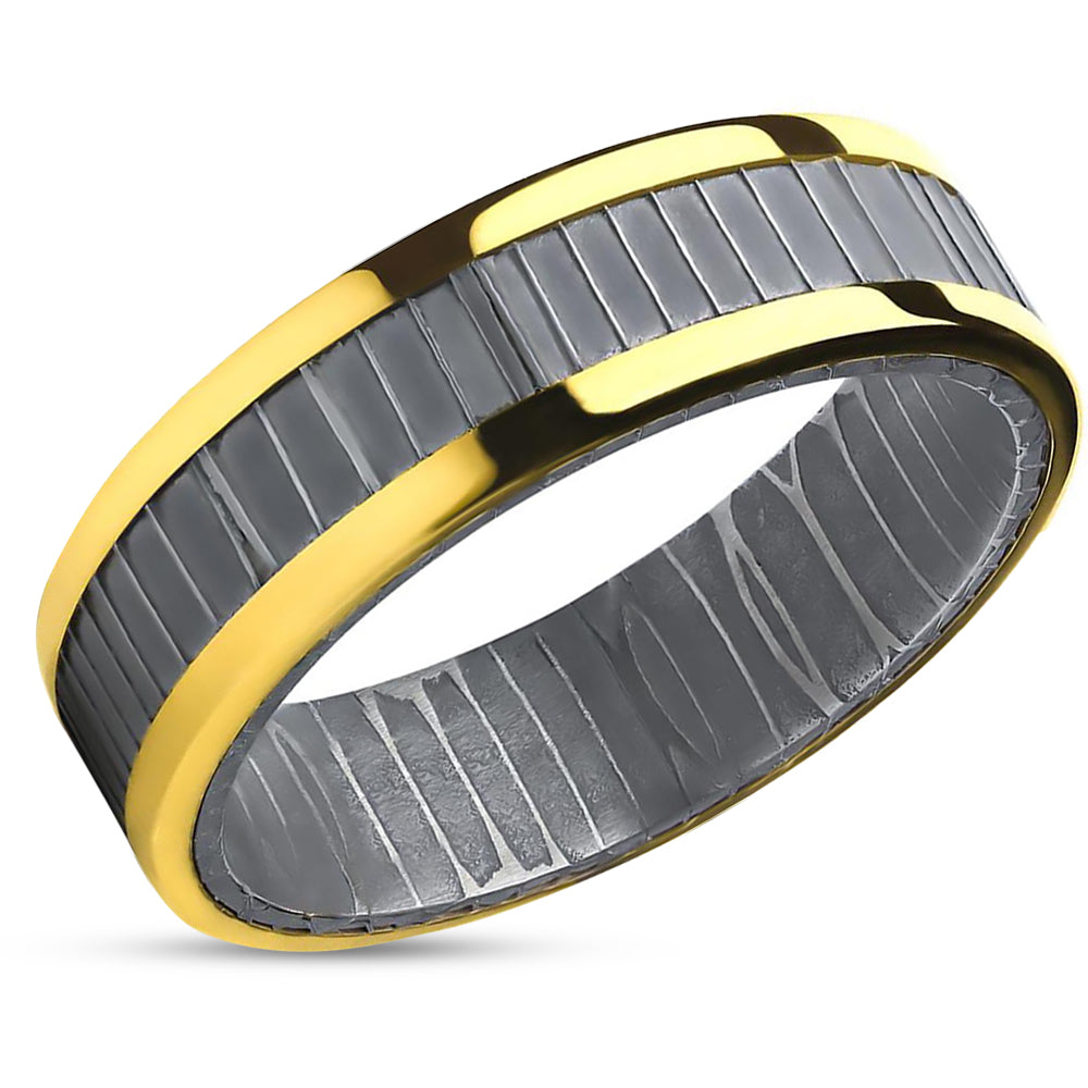Damascus Wedding Band - 14k Yellow Gold - Damascus Wedding Ring - Handmade Ring