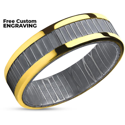 Damascus Wedding Band - 14k Yellow Gold - Damascus Wedding Ring - Handmade Ring