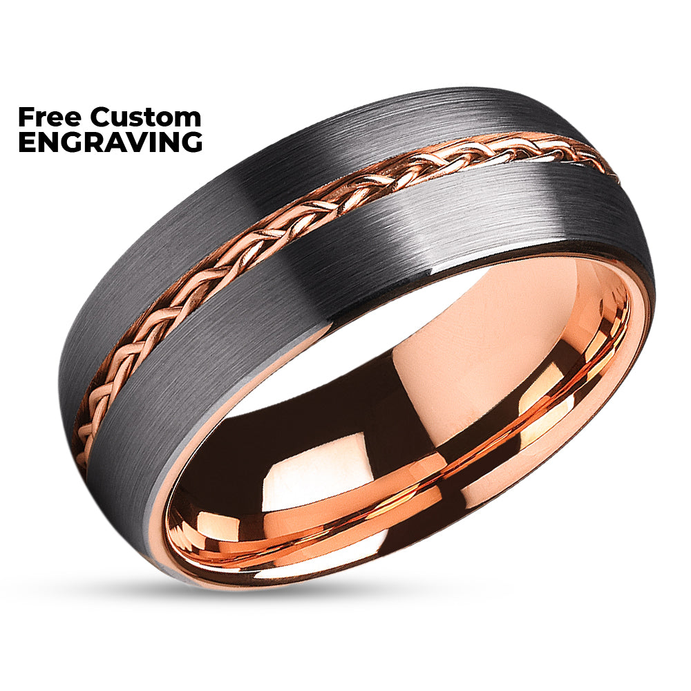 Rose Gold Wedding Ring - Rose Gold Wedding Band - Braid Ring - Gunmetal Ring