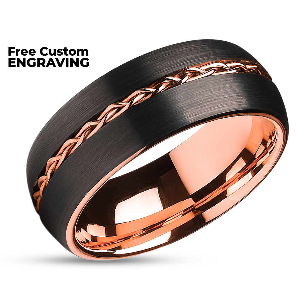 Rose Gold Wedding Band - Braid Wedding Ring - Tungsten Wedding Band - Gray Ring