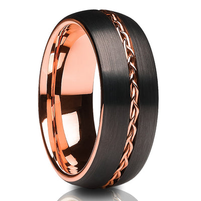 Rose Gold Wedding Band - Braid Wedding Ring - Tungsten Wedding Band - Gray Ring