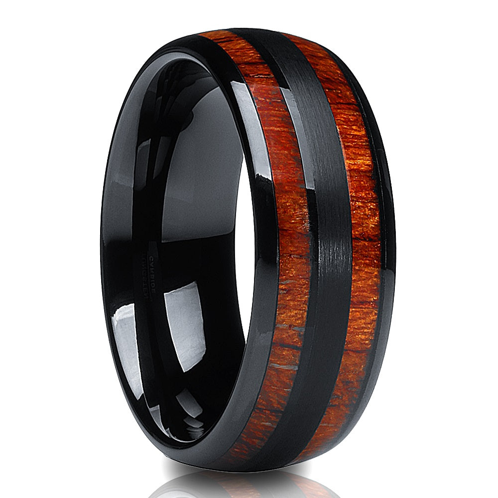 Black Wedding Ring - Koa Wood Tungsten Ring - 8mm Koa Wood Ring - Men & Women