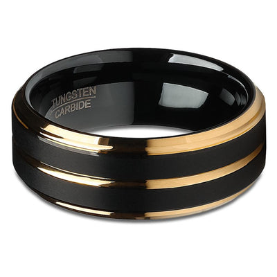 Black Tungsten Wedding Ring - Yellow Gold Ring - Tungsten Carbide Ring- Men & Women