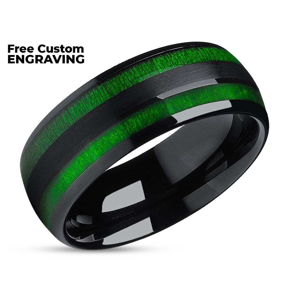 Green Tungsten Wedding Ring - Black Tungsten Ring - Black Wedding Ring - Green Ring