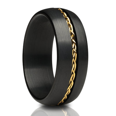 Black Wedding Ring - Yellow Gold Wedding Band - Braid Wedding Ring - Tungsten